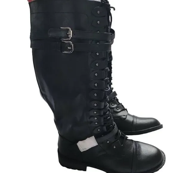 Illude Ladies Timberly Black Knee High Lace Up Buckle Military Boots - Size 7 - Picture 5 of 9